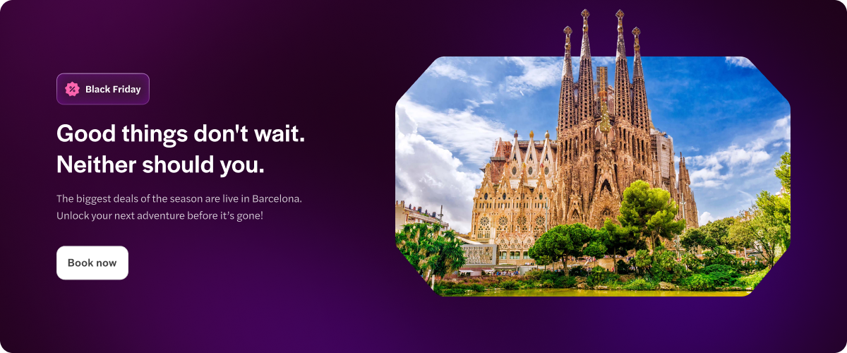 Sagrada Familia basilica with intricate spires in Barcelona, surrounded by greenery.